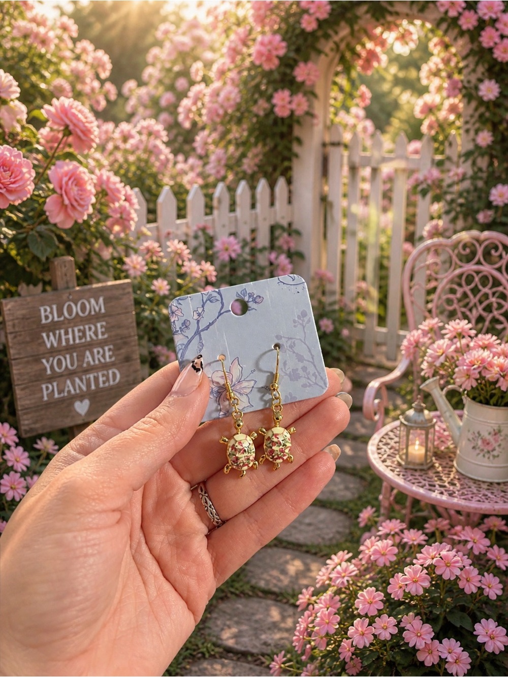 Gold Turtle Drop Earrings with Pink Floral Inset